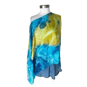 Bella Amore One Shoulder Top Blue Yellow Abstract Italian Silk Poncho One Size